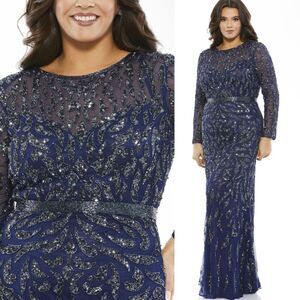 MAC DUGGAL Embellished Illusion Long Sleeve Column Gown 5519 Midnight Blue 18W